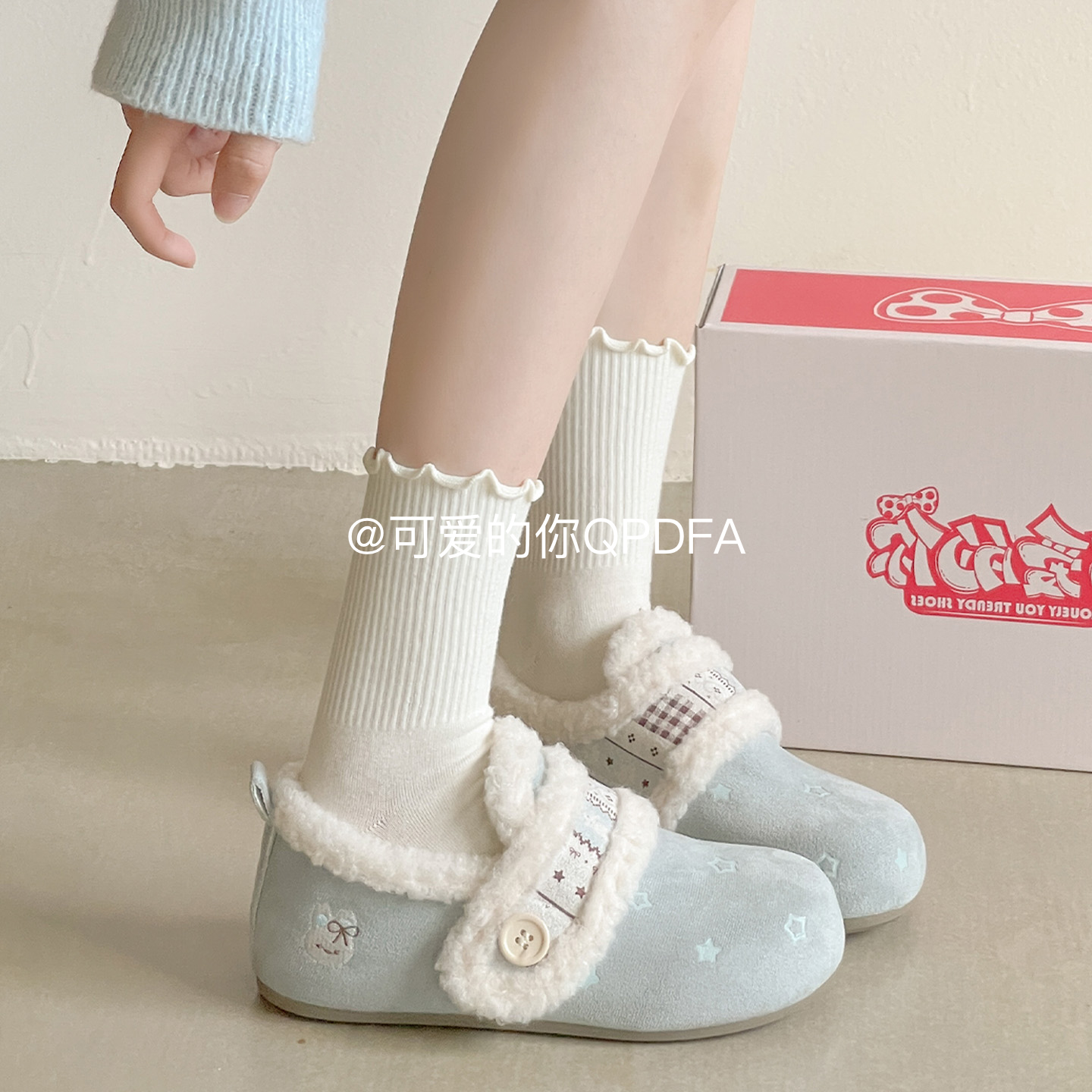 可爱的你一脚蹬加绒勃肯鞋女2025新款冬季保暖毛毛鞋小白鞋二棉鞋