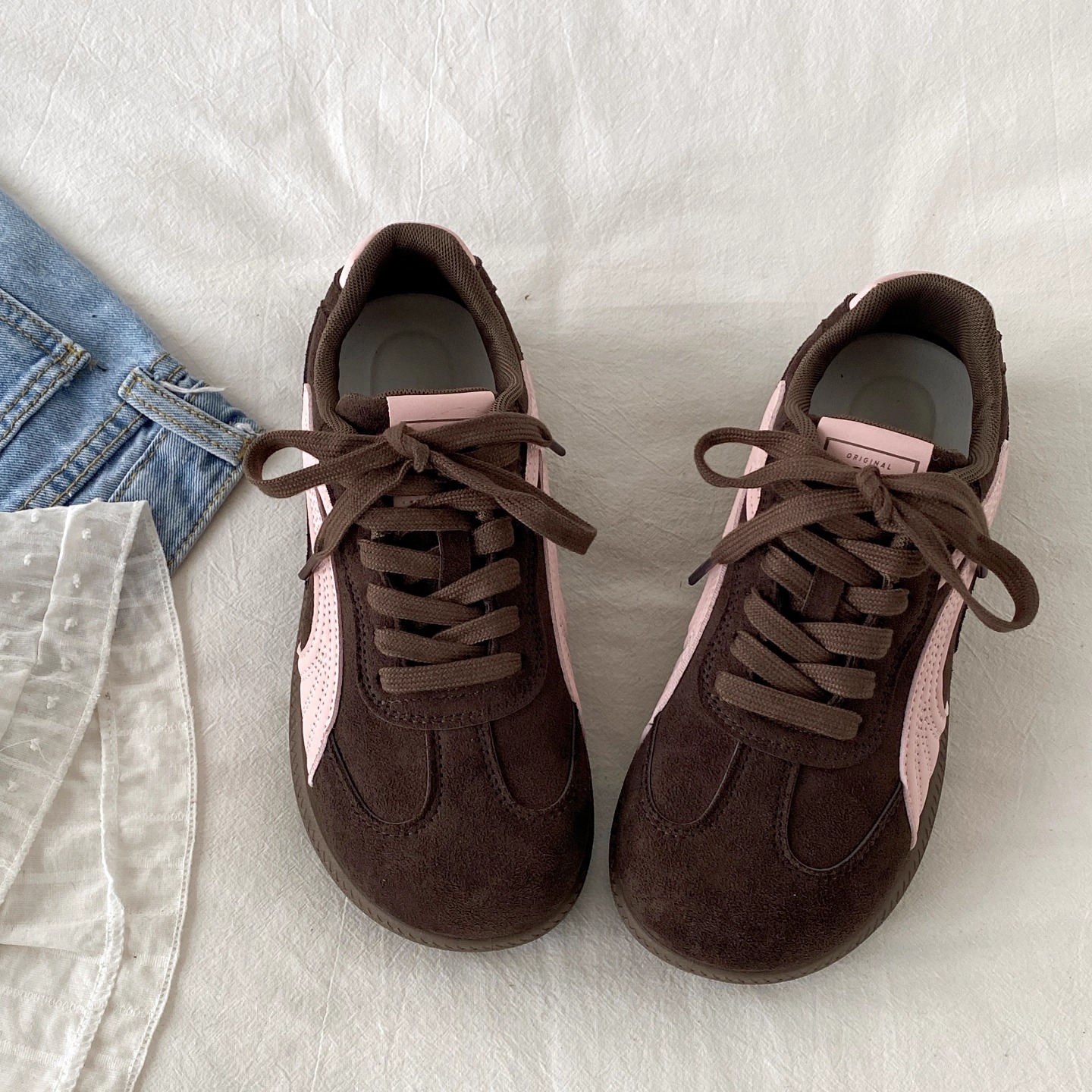 喜叔复古粉棕拼色德训板鞋女款春秋百搭厚底阿甘鞋美式休闲运动鞋