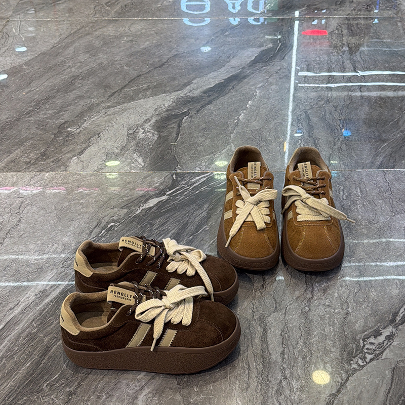 双色鞋带~复古真皮加绒板鞋女