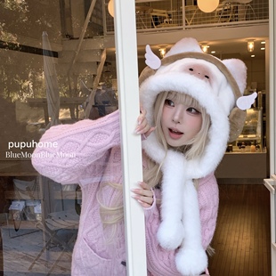 正版 馒头猫pupu韩系可爱耳机帽子保暖毛绒帽百搭防风秋冬护耳帽