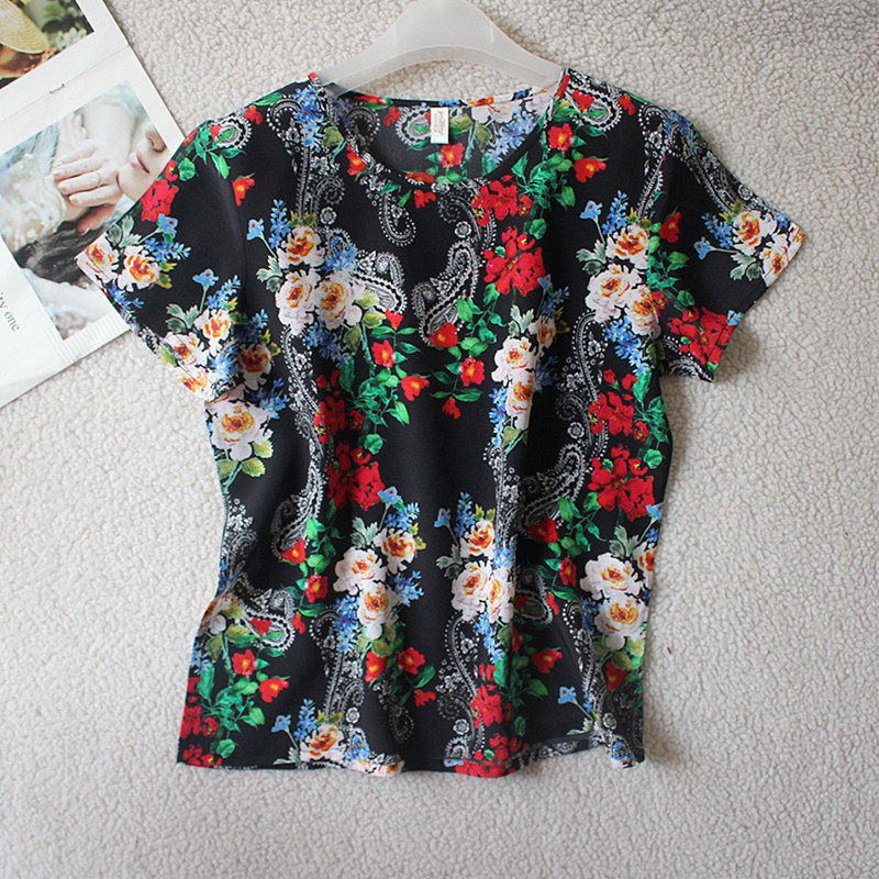 简约百搭真丝圆领套头上衣 黑底红花桑蚕丝女装短袖印花通勤T恤