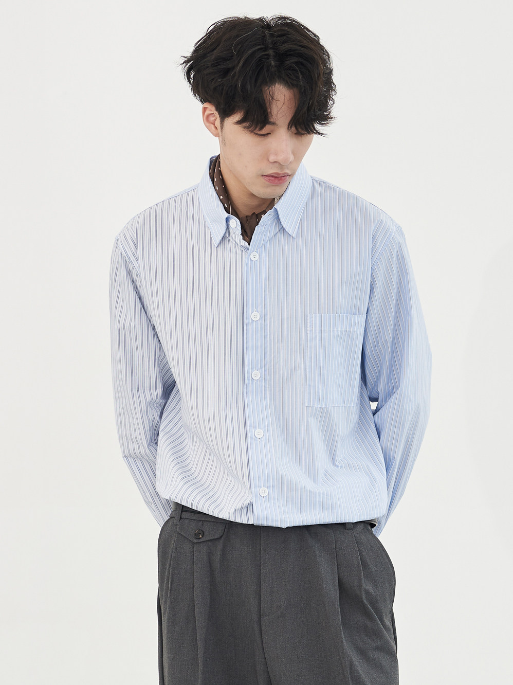 liberty kostume 秋季设计感长袖蓝色拼接条纹衬衫男士