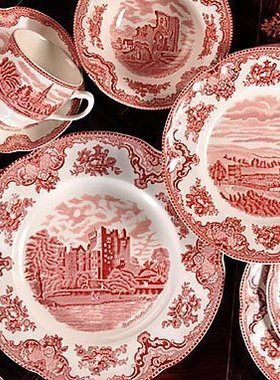 外贸出口英国Johnson brothers原单红色城堡餐具中西餐盘子咖啡杯