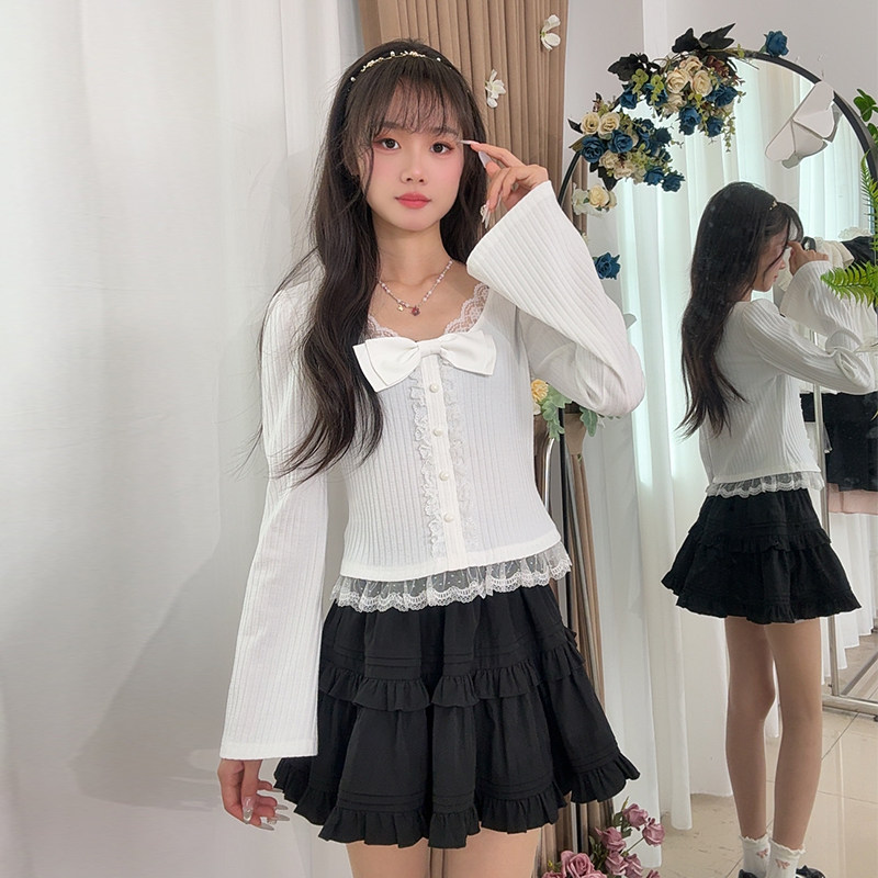 白色蝴蝶结气质纯欲风上衣女秋季修身显瘦长袖蕾丝拼接打底衫