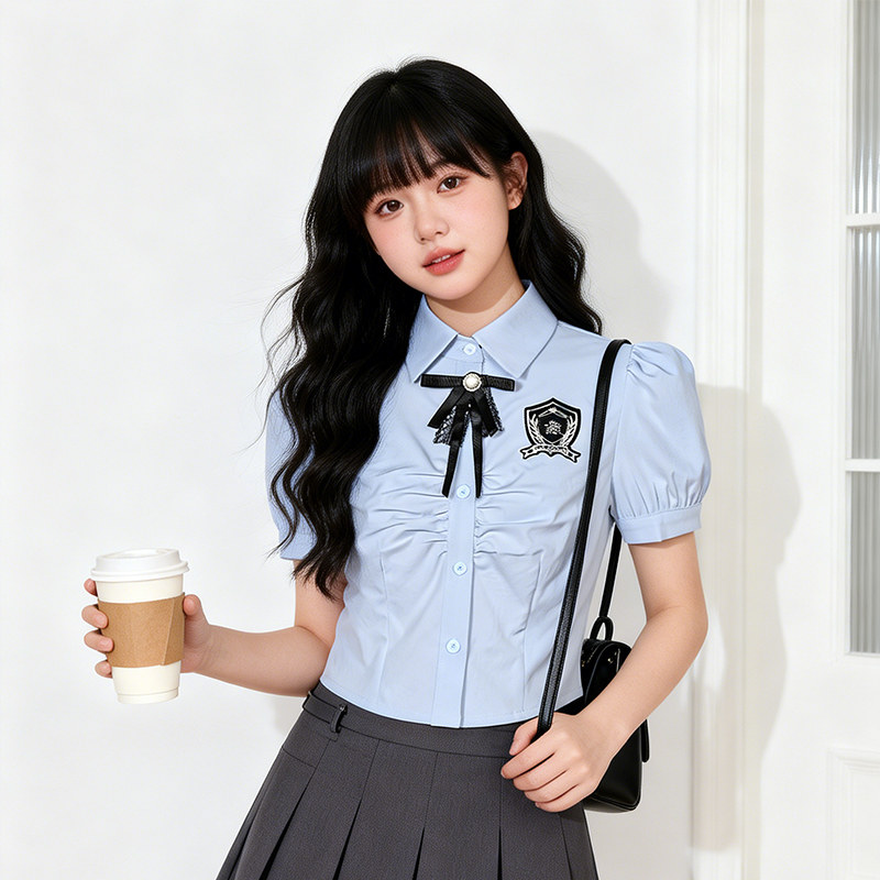 学院风jk制服短袖衬衫女2026夏季收腰显瘦徽章小个子衬衣