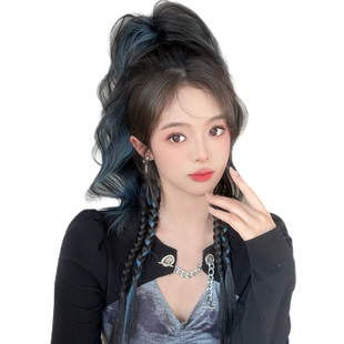 抓夹马尾假发女秋冬马尾蓝色挑染假发辫子网红高马尾彩色麻花长辫