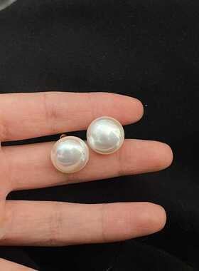 925银针圆形馒头马贝珍珠耳钉女法式珠光高级百搭轻奢耳环ins耳饰