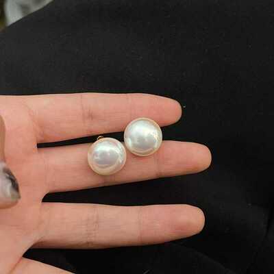 925银针圆形馒头马贝珍珠耳钉女法式珠光高级百搭轻奢耳环ins耳饰