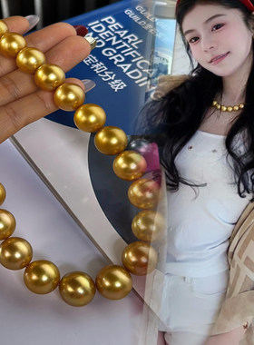 菲律宾南洋金珠项链深海母贝金珠16mm大龙珠深金浓金珍珠茶金珍珠