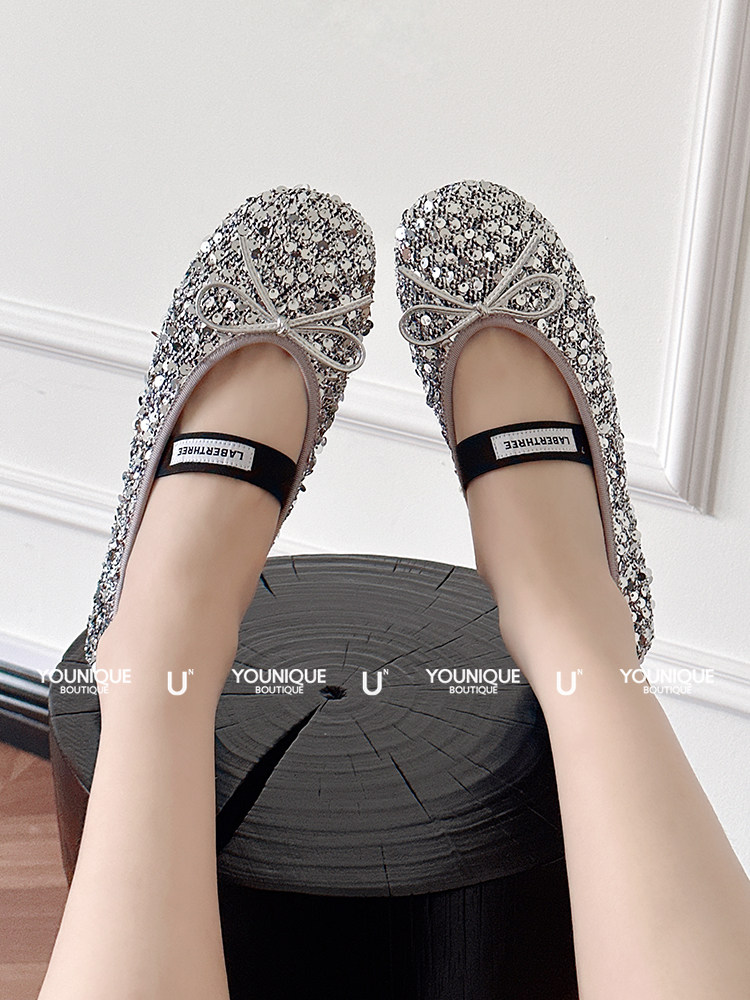 LABER THREE 신제품 24SS 라운드 토 스팽글 보우 레이스 업 발레 슈즈 YOUNIQUE BUYER STORE