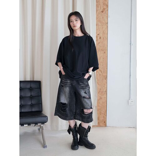 短款透气复古猫须水洗牛仔中裤女