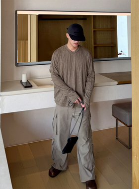 END HOMME|日系松弛感 复古做旧褶皱效果宽松休闲圆领长袖T恤男女