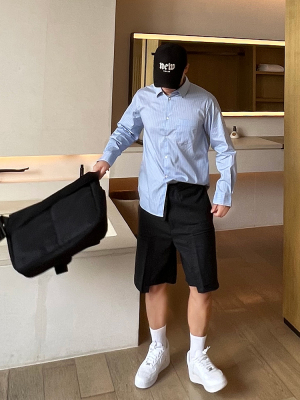 春夏新款纯棉色织条纹面料 休闲时尚男士修身长袖衬衫百搭衬衣