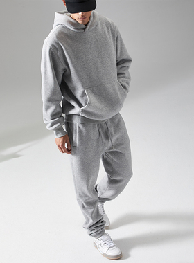 重磅560g加绒加厚保暖连帽卫衣 男抓绒强捻拼缝运动束脚卫裤冬