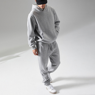 重磅560g加绒加厚保暖连帽卫衣 男抓绒强捻拼缝运动束脚卫裤冬