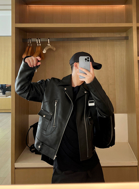 重磅MM*6斜拉链机车时髦修身裂纹翻领牛皮皮衣男短款外套