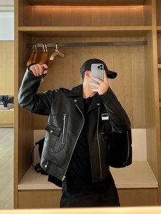 重磅MM*6斜拉链机车时髦修身裂纹翻领牛皮皮衣男短款外套