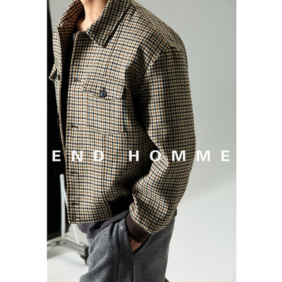END HOMME 复古美拉德风哈灵顿羊毛翻领千鸟格飞行员廓形夹克男