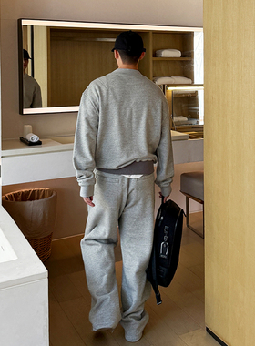 秋冬新款450g混灰色针织加绒加厚保暖编织领卫衣/直筒卫裤男