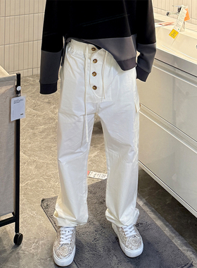 秋季新弹性腰头纽扣开合轻盈棉质斜纹长裤男松弛感宽松休闲直筒裤