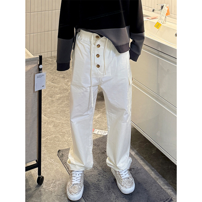 春季新弹性腰头纽扣开合轻盈棉质斜纹长裤男松弛感宽松休闲直筒裤