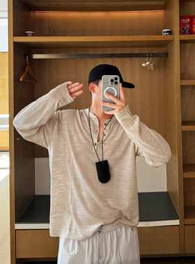 新品 美式新贵LP亨利领亚麻男女宽松老钱风轻薄针织衫打底长袖