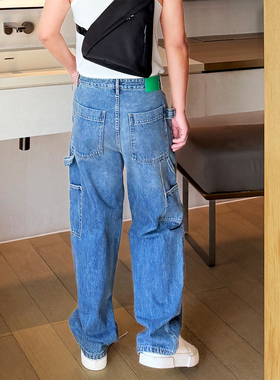 B进口日产岗山V 秋冬新品绿皮牌复古靛青色口袋直筒阔腿牛仔裤男