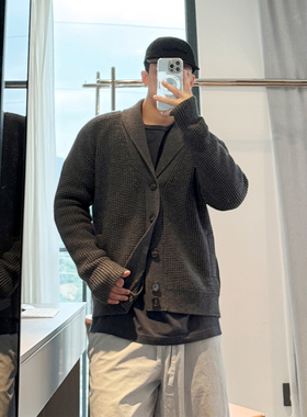 END HOMME|羊绒羊毛混纺华夫格针织青果领开衫粗棒针麻灰色毛衣男