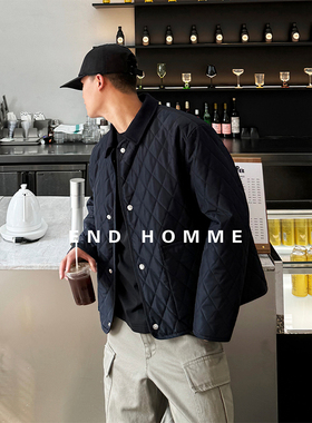 美式老钱风男士菱形格棉衣男春季翻领宽松飞行员夹克棉服外套潮