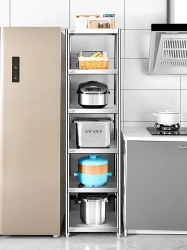 304不锈钢夹缝置物架落地式多层厨房微波炉烤箱收纳架子加厚货架