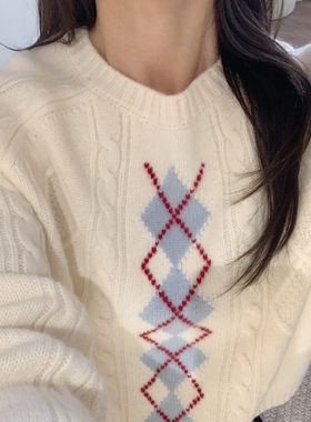 芭妮Bonnet-嵌花麻花菱格圆领套头保暖毛衣（含100羊毛）A20-6667