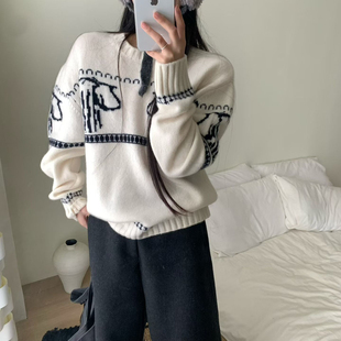 LIN.Y 保暖毛衣M2558 冬上新复古提花圆领宽松长袖