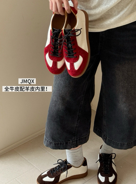 暄暄鞋公馆复古全牛皮羊皮拼接低帮休闲鞋德训鞋6270