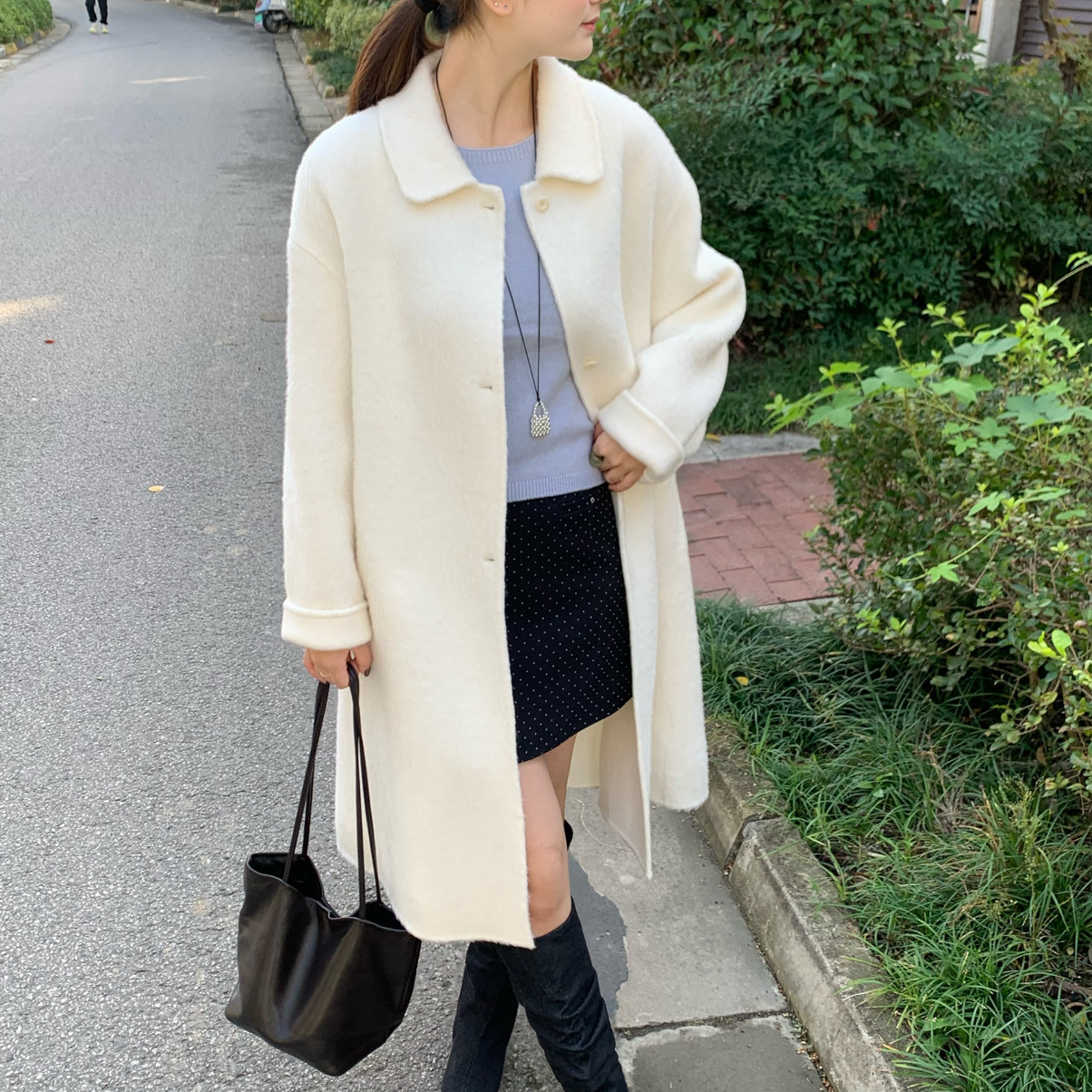 手严选-泡菜馆-韩系休闲长款翻领纯色羊毛外套（含80羊毛）S1163,女装/女士精品,羽绒服,淘宝优惠券,粉丝福利购,淘宝优惠卷