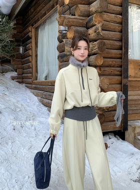艾薇-韩系毛领半拉链假两件保暖卫衣+松紧腰休闲阔腿裤套装83201