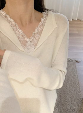 芭妮Bonnet-气质全毛拼接蕾丝套头针织衫（含100羊毛）N47-2535