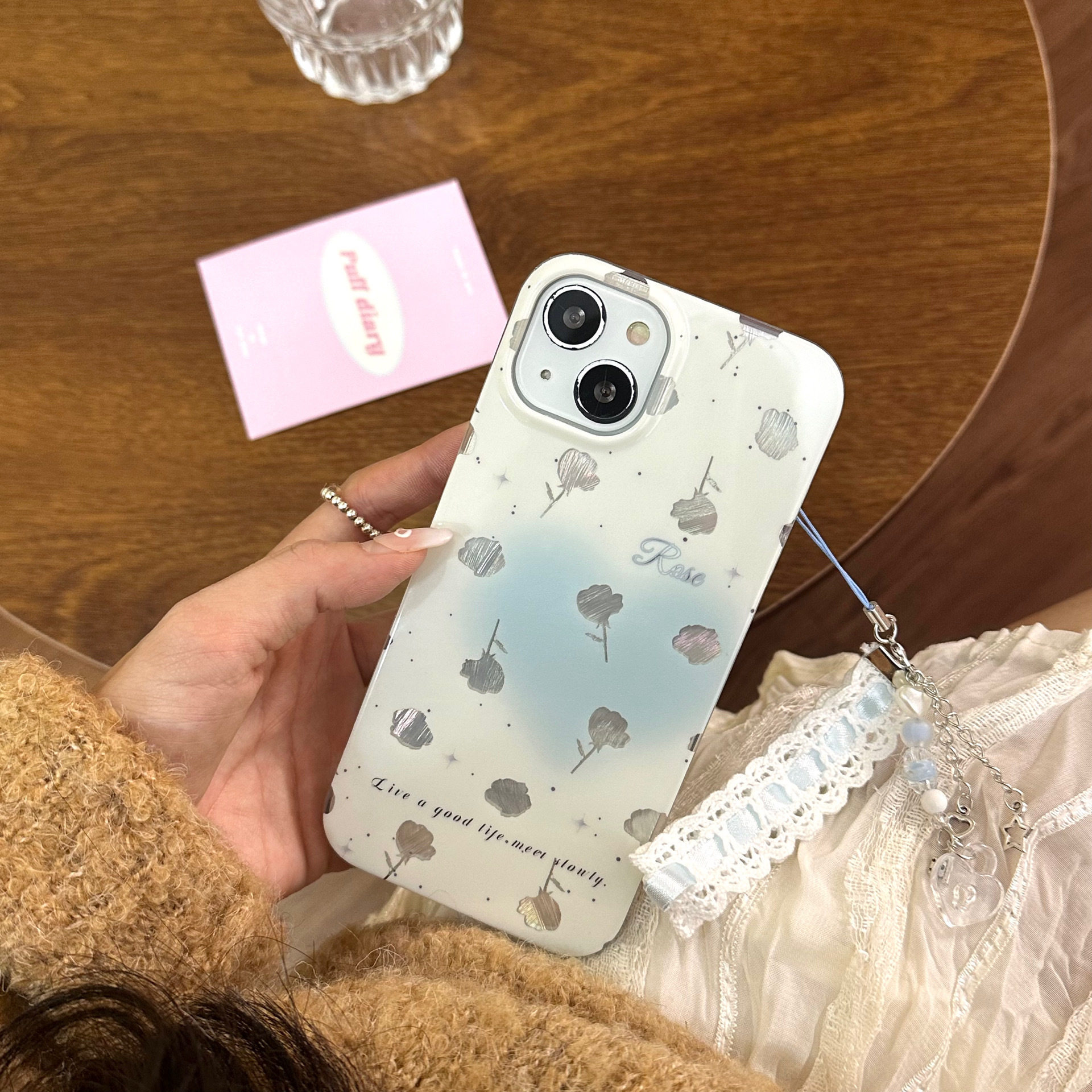 IPHONE12|13 휴대폰 케이스 14 APPLE 15PROMAX 여성에 적합한 한국식 꽃 피는 사랑 깃털 원사 장미