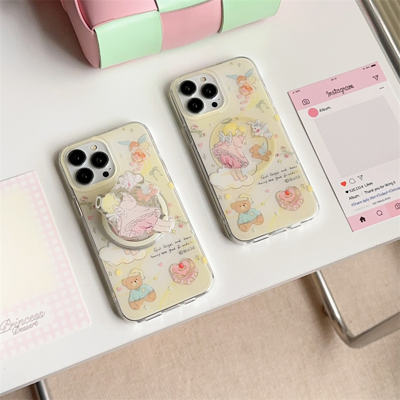 淡黄色天使蛋糕小熊支架iPhone15