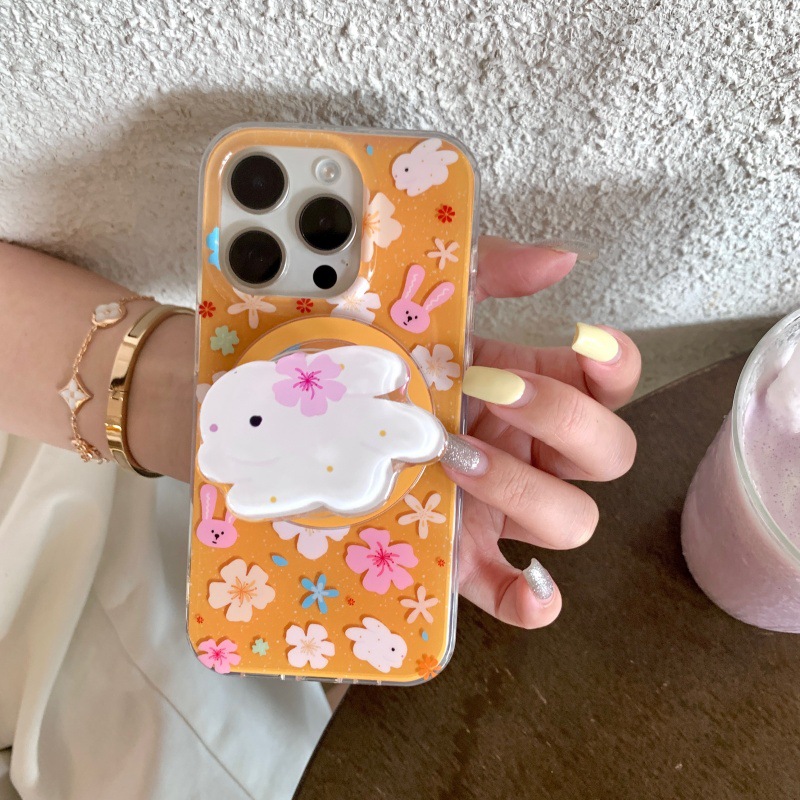 可爱花朵兔子磁吸支架适用iphone16Promax苹果15手机壳14双层13