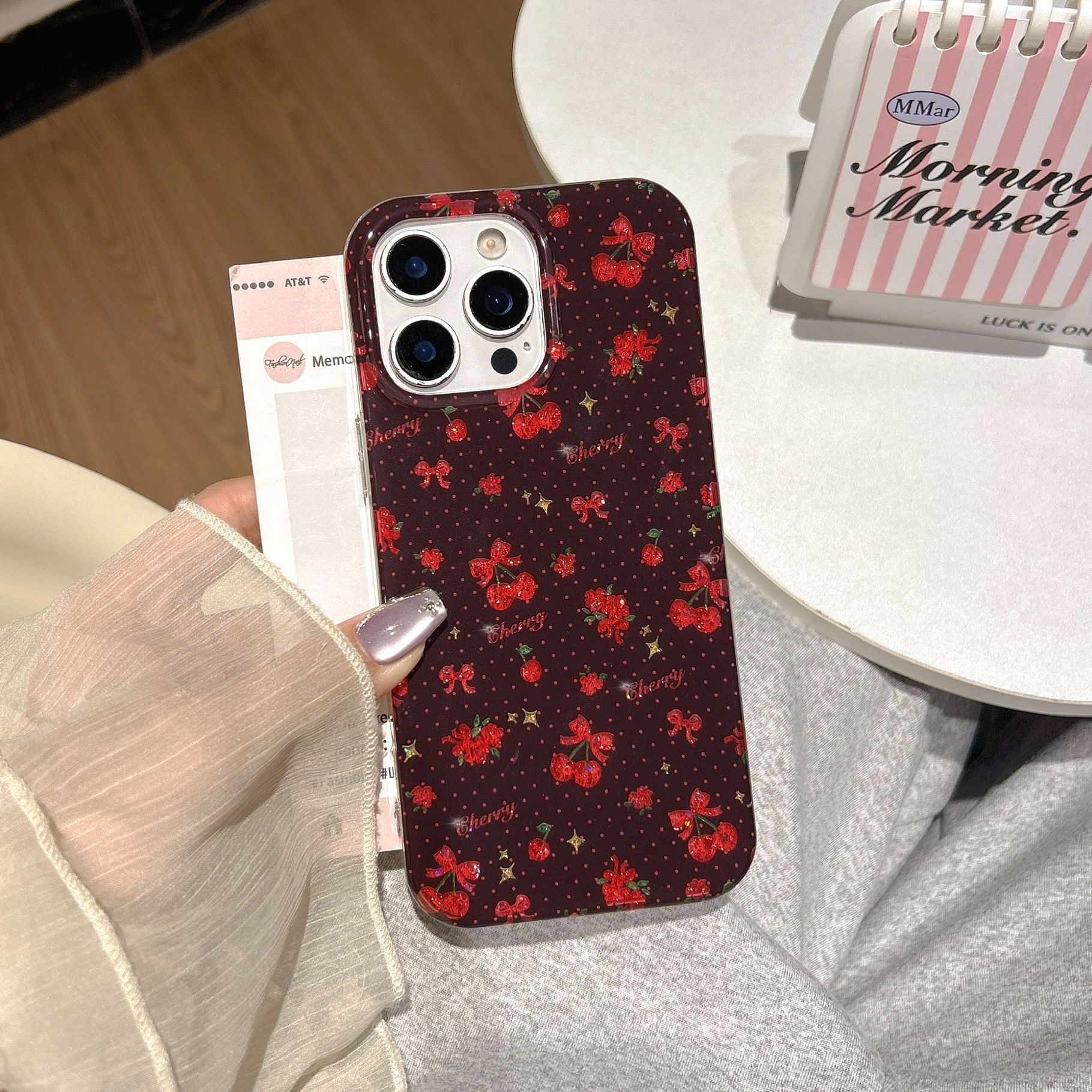 ins风闪粉蝴蝶结樱桃适用苹果16手机壳iPhone15pro max双层IMD13
