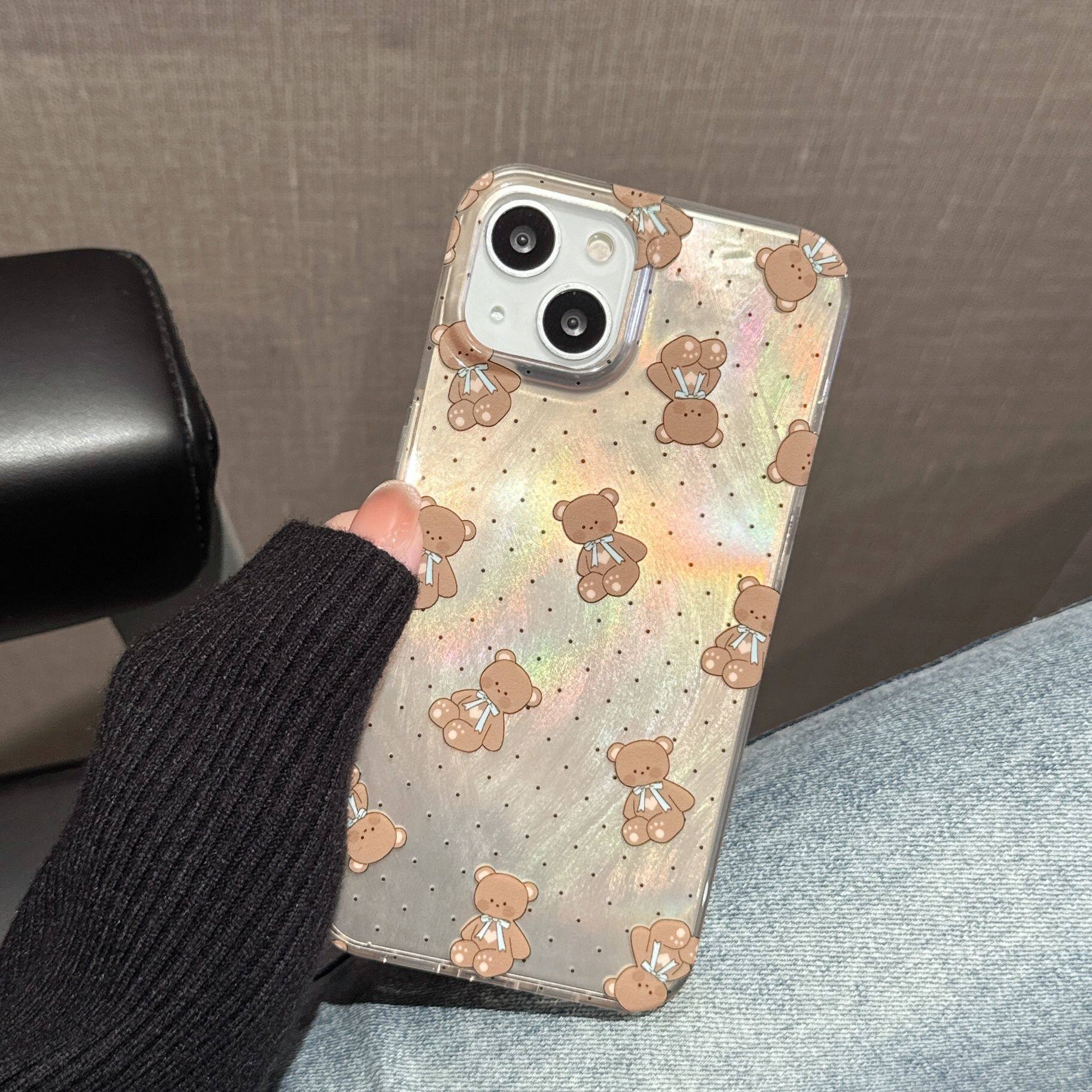 IPHONE 14 여성 15 PROMAX 휴대 전화 케이스 12 APPLE 13P에 적합한 한국어 스타일 레이저 깃털 거즈 폴카 도트 곰