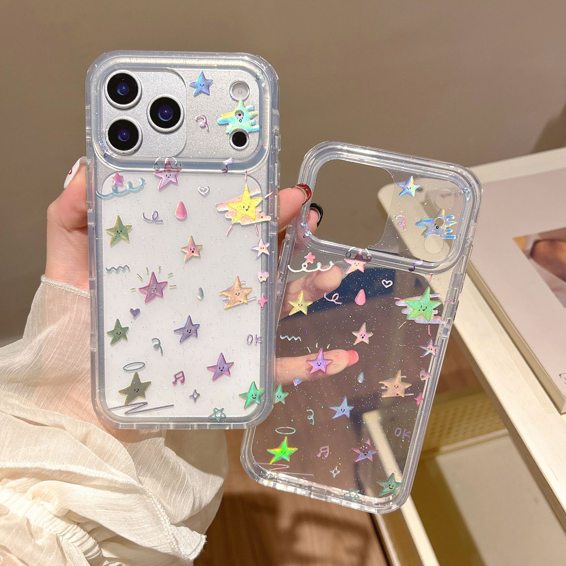 贴纸风卡通透明小星星适用苹果16手机壳iPhone17pro max圆边14/