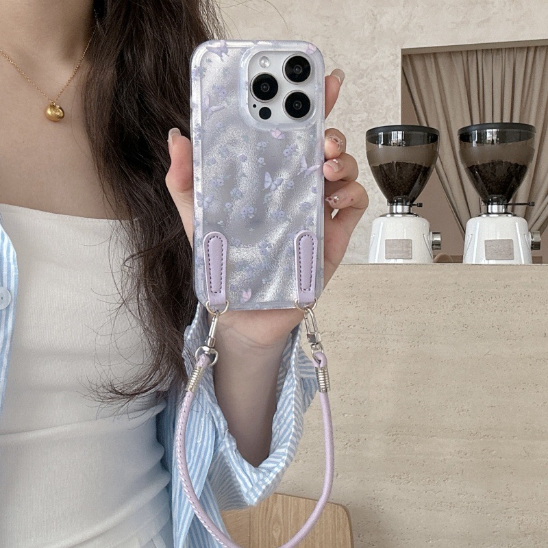 紫色小碎花蝴蝶手腕带适用iphone16Promax苹果15手机壳14双层13女