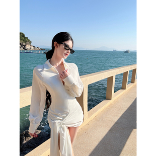 Czelora纯子斩男约会裙白色缎面长袖连衣裙收腰绑带包臀裙辣妹风