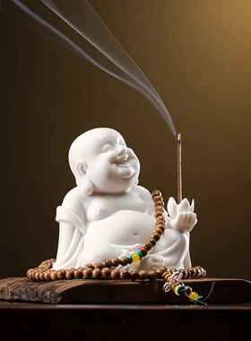 创意新中式陶瓷弥勒佛像桌面摆件家用线香插香器香熏香炉香托香盘