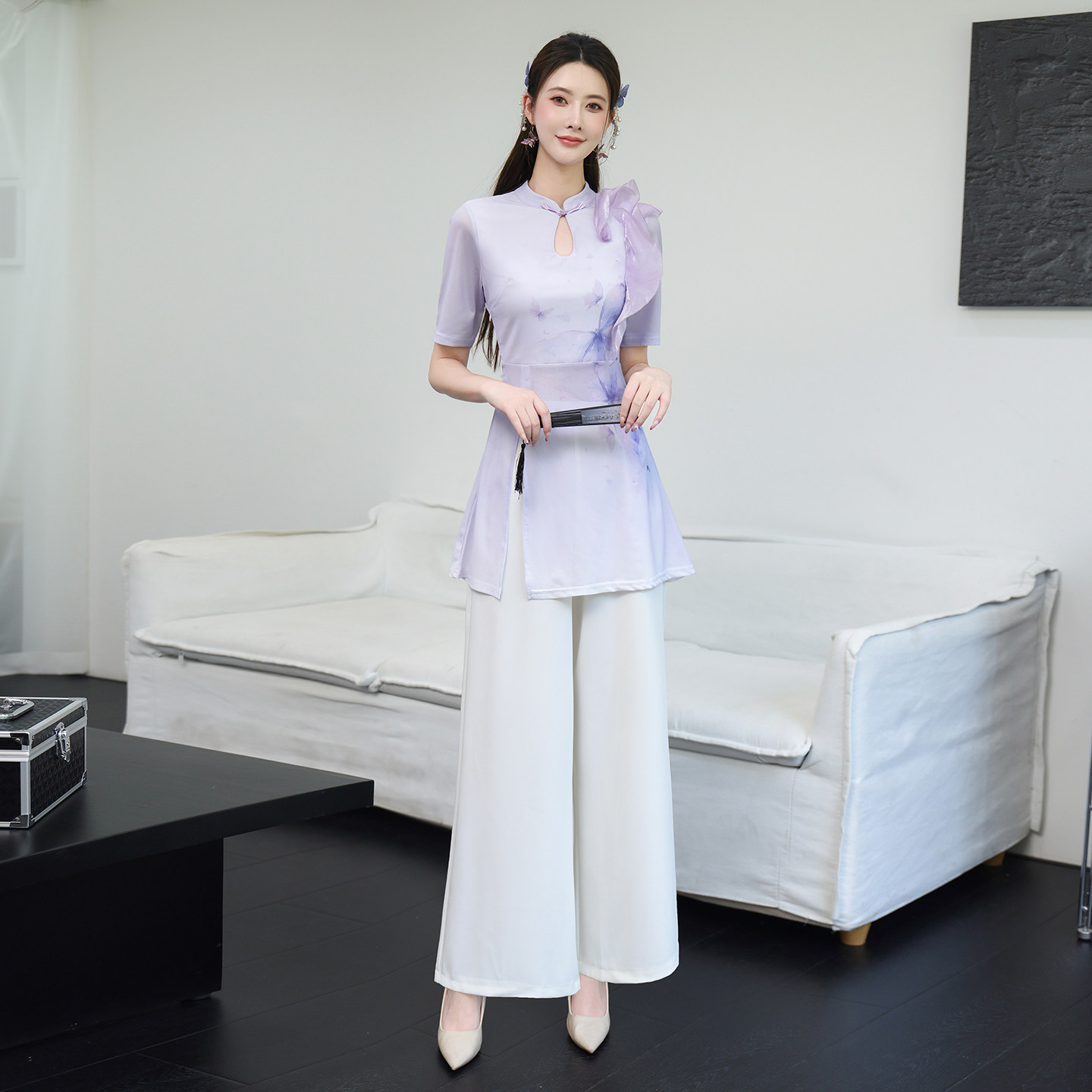 紫色立领短袖连衣裙女修身显瘦气质通勤工作服镂空A字裙春夏秋冬