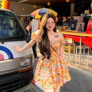 甜美气质短裙子显瘦遮肉微胖 大码 女装 方领泡泡袖 碎花连衣裙女夏季