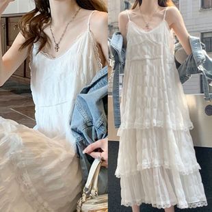 法式 气质蕾丝花边蛋糕裙海边度假长裙子 白色吊带连衣裙女夏季 新款