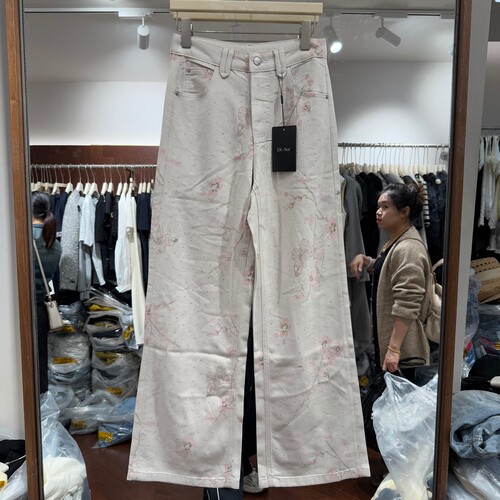 欧洲站2026春夏新款女士高腰阔腿牛仔裤花朵印花百搭长裤显瘦