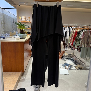 女高腰显瘦黑色休闲裤 假两件不规则屁帘微喇裤 欧洲站2026春夏新款